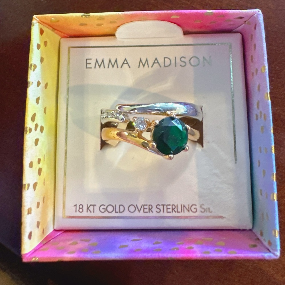 Emma Madison 18kt gold over sterling silver Green Crystal Double Ring Sz 8.5